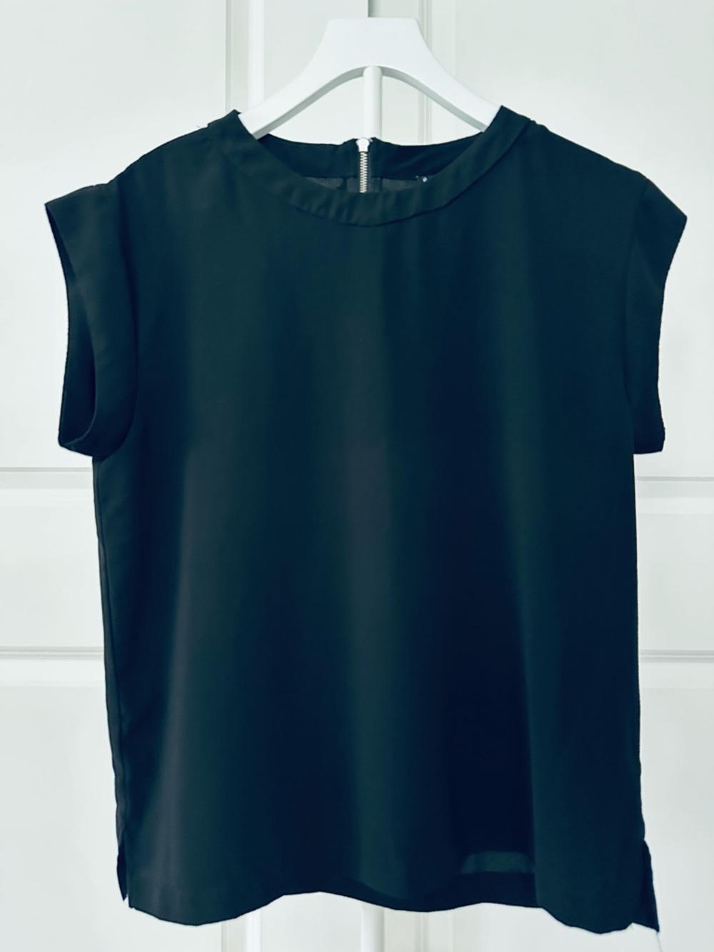 Women's MNG Black Cap-Sleeve Black Blouse with Zip Back Size M
